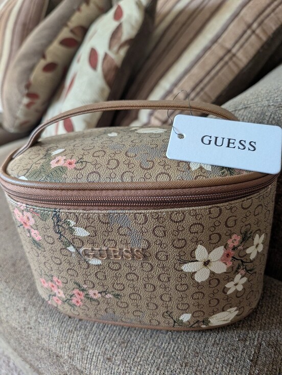 Guess Accessories - Guess Brown Floral Logo Vanity Case with Pink Accents